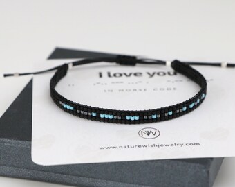 I LOVE YOU Morse Code Bracelet, Black Grey and Blue Custom Message Anniversary Gift for Boyfriend, Fathers Day gift From Daughter