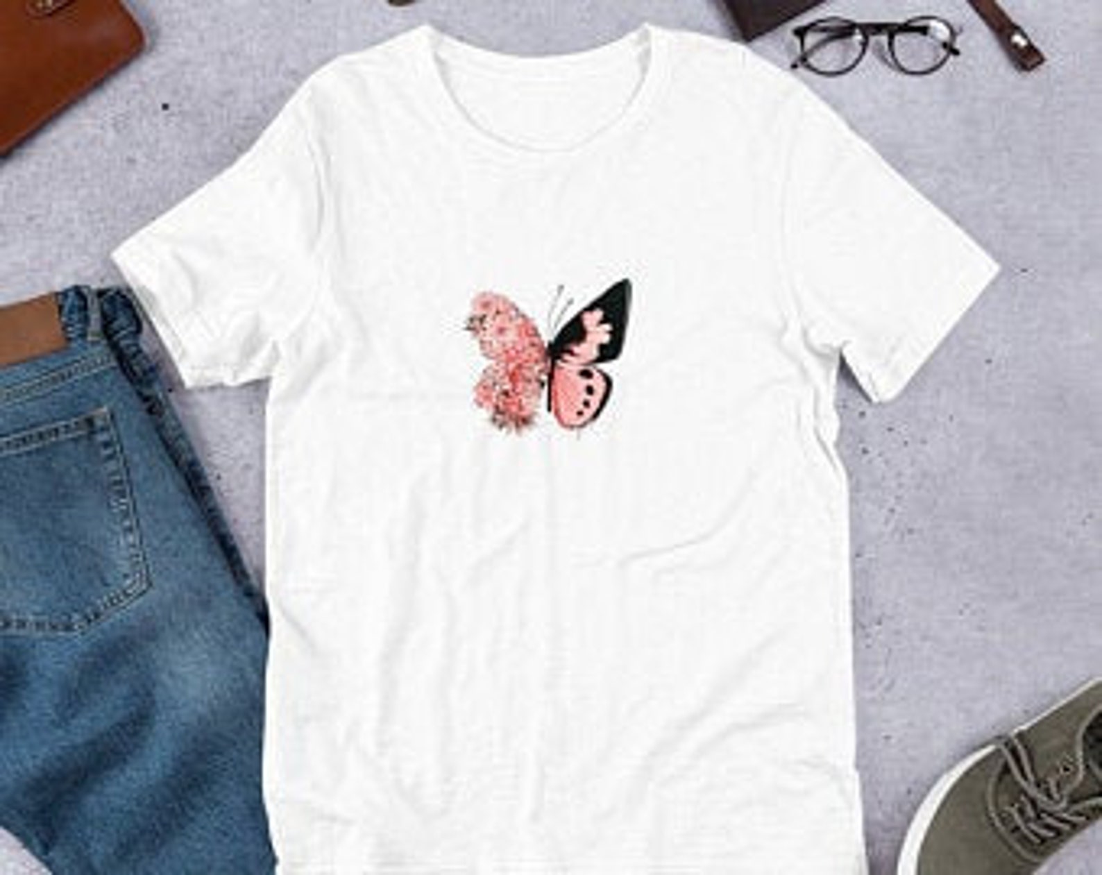 Womans Butterfly Tee Shirt Pink 70's 80's Style Short - Etsy