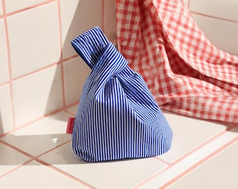 Blue Stripe Knot Bag, Handmade Cotton Tote Bag, Lined Everyday Bag, Japanese Inspired Knot Bag, Cute Gift for Her, Small Shopping Bag