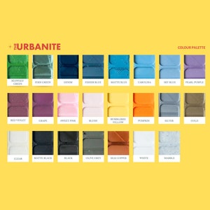 May include: A color palette chart with 21 different color swatches. The swatches are arranged in three rows of seven. Each swatch has a name below it, such as "Seaweed Green", "Fern Green", "Denim", "Fisher Blue", "Matte Blue", "Carolina", "Sky Blue", "Pearl Purple", "Red Violet", "Grape", "Sweet Pink", "Blush", "Bumblebee Yellow", "Pumpkin", "Silver", "Gold", "Clear", "Matte Black", "Black", "Olive Grey", "Silk Copper", "White", and "Marble".