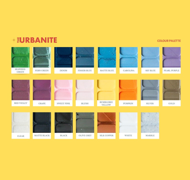 May include: A color palette chart with 21 different color swatches. The swatches are arranged in three rows of seven. Each swatch has a name below it, such as "Seaweed Green", "Fern Green", "Denim", "Fisher Blue", "Matte Blue", "Carolina", "Sky Blue", "Pearl Purple", "Red Violet", "Grape", "Sweet Pink", "Blush", "Bumblebee Yellow", "Pumpkin", "Silver", "Gold", "Clear", "Matte Black", "Black", "Olive Grey", "Silk Copper", "White", and "Marble".