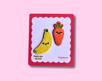 Banana And Carrot Iron On Patch Set, Cute Embroidered Food Patches, Kawaii Fruit Patch, Vegetable Patch, Jacket Patch, Bag Accessory