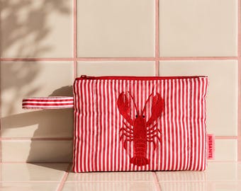 Handmade Lobster Makeup Bag, Red Striped Cosmetic Pouch, Coastal Zip Bag, Embroidered Toiletry Bag, Nautical Travel Pouch, Gift for Her