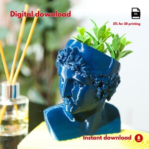May include: A blue planter in the shape of a classical bust, filled with green plants. The words "Digital download" and "Instant download" are displayed in red. The image also includes the text "STL for 3D printing".