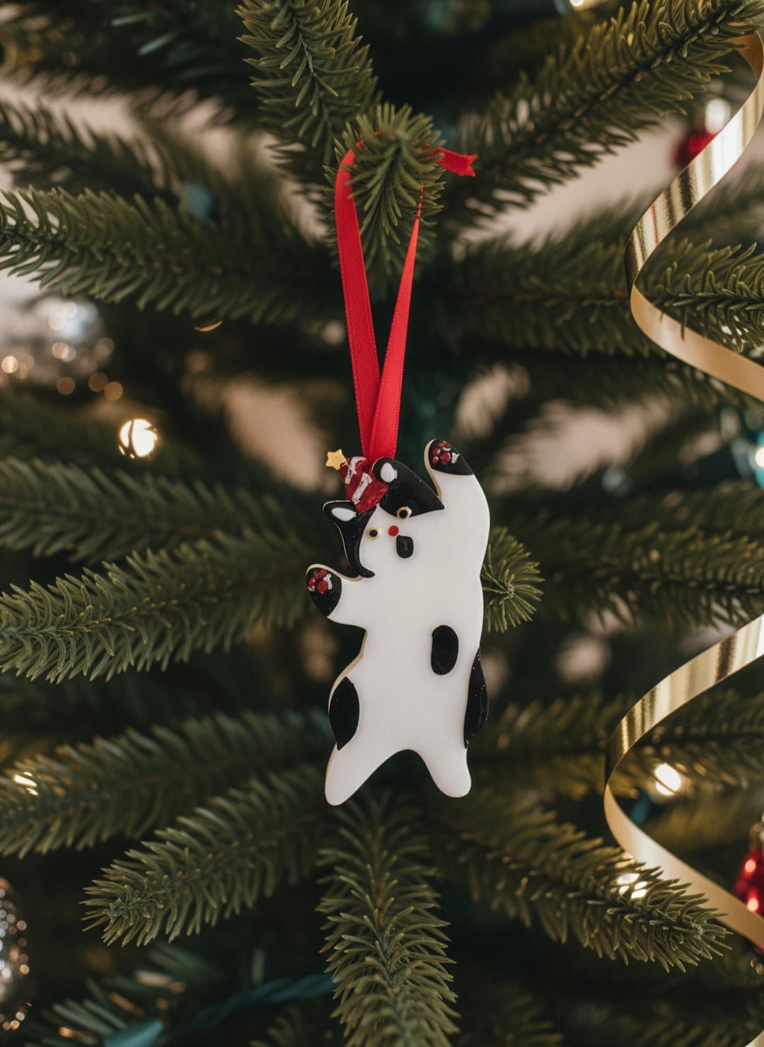 Climbing Cat Ornament, Black and White Tuxedo Cat Christmas Decor, Cute ...
