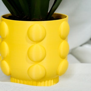 Puede incluir: Una maceta de cerámica amarilla con un diseño texturizado único que presenta círculos en relieve alrededor del cuerpo. La maceta está vacía y lista para contener una planta.