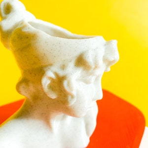 May include: A white ceramic planter shaped like a woman's head with a textured surface. The planter is on a red surface.