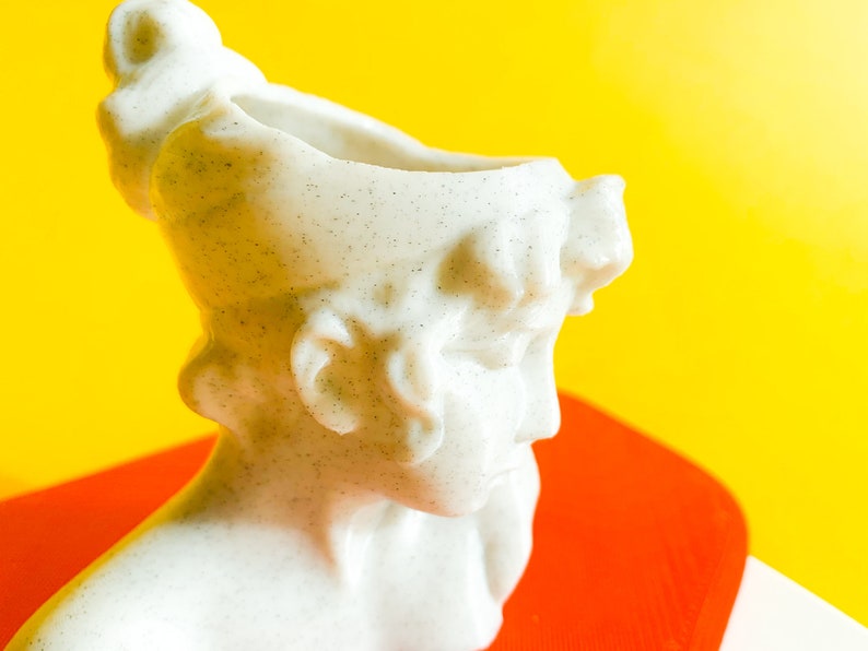 May include: A white ceramic planter shaped like a woman's head with a textured surface. The planter is on a red surface.
