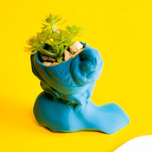 May include: A blue ceramic planter shaped like a shoe with a small succulent plant growing inside. The planter is sitting on a yellow surface.