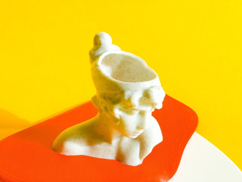 May include: A white ceramic bust of a woman with a planter on top of her head. The bust is sitting on a bright orange surface.