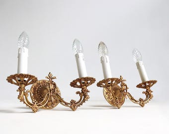 Pair of Gilt Metal Wall Sconces – French Vintage Style, Floral  Motifs, 1960s
