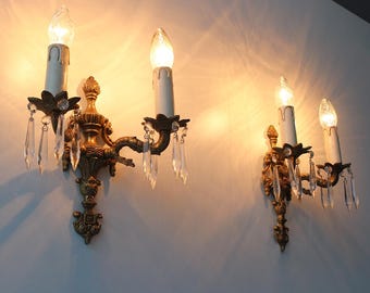 Vintage Brass Wall Sconces with Crystal Drops – Set of 2 Elegant Candle Style Lights