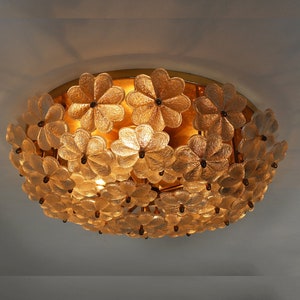 Xlarge appr. 20&quot; Diameter Mid-Century Floral Murano Brass Crystal Glass Ceiling Light Ernst Palme Germany 1960 Flower Flush Mount Wall Light