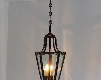 Lanterna de entrada antiga eduardiana em bronze: pendente Jugendstil com vidro biselado