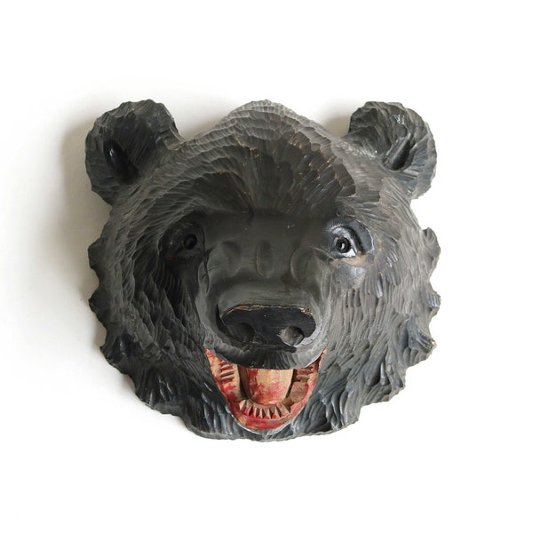 Hand-Carved Wooden Black Forest Roaring Wall Bear Head Rural Arts and Crafts Wood Carved Animal Sculptures Glass Eyes Kibori Ainu Japan 30s