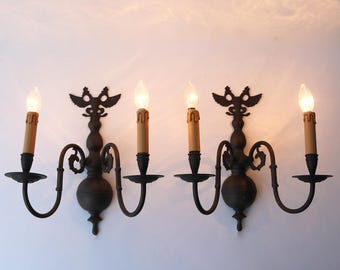Vintage Brass Double-Headed Eagle Wall Sconces, Flemish Antique Pair, Ornate Statement Lighting 1930-40s