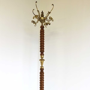 Twisted Wood & Ornate Brass Italian Coat Hat Rack Hall Tree Floor Stand Hollywood Regency Vintage Women&#39;s Faces Bedroom Furniture 50s