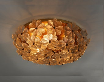 Xgroot ca. 20" diameter midden van de eeuw bloemen Murano messing kristalglas plafondlamp Ernst Palme Duitsland 1960 bloem inbouw wandlamp