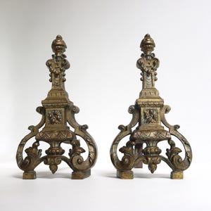 Antique French Brass Fireplace Andirons Ornate Baroque Style Fireplace Decor Firedogs Late 19th to early 20th century ca. 1880–1920