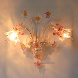 Single Murano Venetian Wall Sconce, Hand Blown Wall Light Pink ,Yellow and Clear Glass Flowers  Floral Hand Made Wall Lamp 1950 Italian