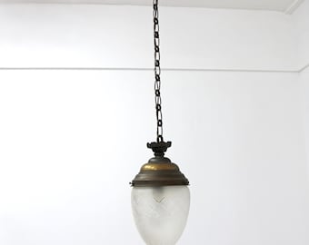 Antique French Teardrop Pendant Light –  Brass & Etched Frosted Glass Hall Lantern
