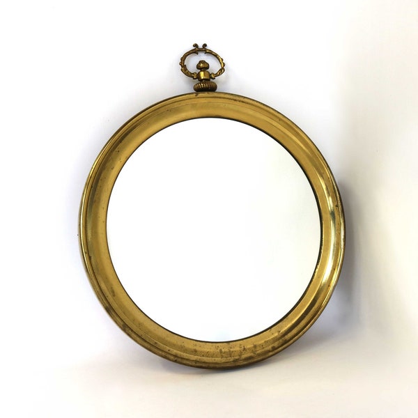 vintage Français Brass Pocket Watch Wall Mirror Golden Round Mirror Mid-Century Modern Hall Mirror , Vanity Mirror , Miroir décoratif Années 1950