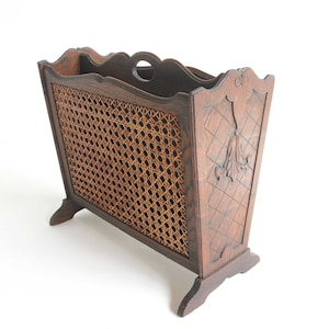 Gorgeous Wood Carved French Midcentury Antique Style Magazine Rack With Rattan Newspaper Stand Magazine Holder Reading Basket 1950s