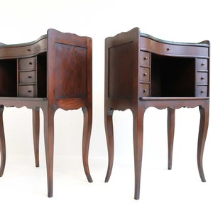 Beautiful Couple Curved French Louis XV Style 19th Century Wooden Bedside Tables with Open Shelf Small Drawers Glass on Tops Antique Style