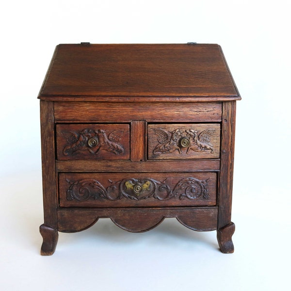 Antique Child Secretaire SMALL Slanted Lift Top Desk Children's Oak Petit Bureau 19th century 1870s Hand Carved Griffins / Dragons