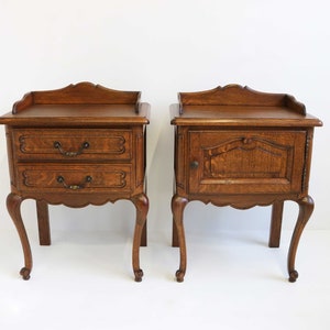 Couple Louis XV Style Bedside Tables Set of 2 French Provincial Nightstands Oak Side Tables Pair Hand Carved Wooden Cabinets Midcentury 60s