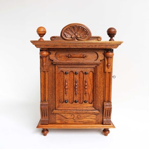 Antique German 19th Century Standing or Hanging Small Cabinet Hand Carved Oak Neo Classical Small Wall Cabinet Lock and Key  1880s