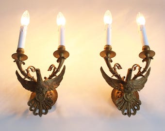 Antique Brass Eagle Wall Sconces Pair Hollywood Regency Empire Style