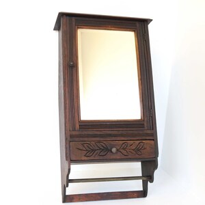 Vintage Small Wall Cabinet With Beveled Mirror and Hand Carved Small Drawer Bathroom Medicine Apothecary Kitchen Cabinet With Towel Bar
