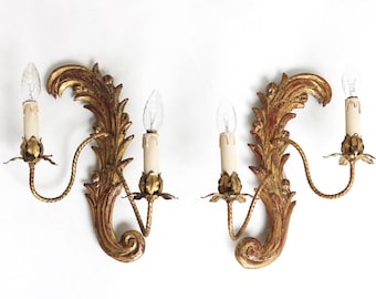 Antique Italian Florentine Giltwood Leaf Wall Sconces, 1940s, Set of 2
