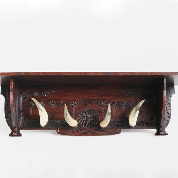 Chip Carved Coat Rack Dutch Antique Hat Rack Wood Bull/Cow Horns Ca 1910-1920 Folk Art Hand Carved Frisian Kerfsnede Entryway Country Style
