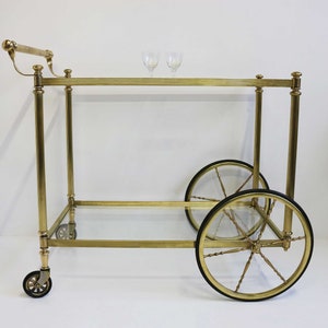 Mid-Century Bar Cart Brass Serving Trolley Cocktail Entertainment Beverages Tea Cart Clear Glass Hollywood Regency 1960s