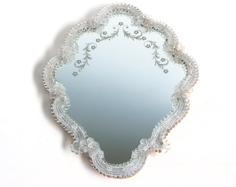 Italian Venetian Murano Glass Mirror Engraved Hand-crafted Hand-blown Flowers Mid-century 1950s
