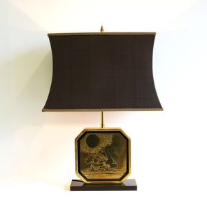 24 kt Gold plated& Brass etched Hollywood Regency Style Glam Table Lamp George Matthias from Maho,Belgian 1970s Swan and Birds.
