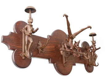 Victorian Oak Coat Rack – Cast Iron Jester & Elephant Hooks, Antique Hall Rack