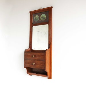 Prays and Works Vintage Antique Hanging Cabinet Beveled Worn Mirror Hall Unit Toilet Cabinet Bedroom Wall Mirror Two Drawers Comb Tray 1930s