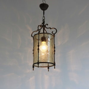 Antique Style Brass Vintage Chandelier Pendant Lantern Hanging Lamp Textured Cylinder Glass Cylindrical French Entryway Hall Light 1950s