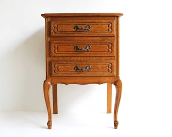 Mid Century French Louis XV Style Oak Nightstand - Three Drawer Carved Cabinet