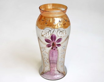 Antique Hand Blown Glass Vase: Enamel Floral Art Nouveau, 1910-1920