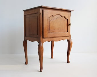 Oak Wood Mid Century French Louis XV Style Door Bent Legs Farmer Style Nightstand Bedside Table End Table Country Side Table 1960