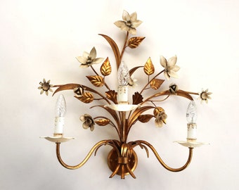 Mid Century Gilt Floral Sconce: Hollywood Regency Wall Lamp