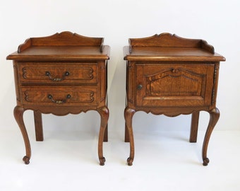 Couple Louis XV Style Bedside Tables Set of 2 French Provincial Nightstands Oak Side Tables Pair Hand Carved Wooden Cabinets Midcentury 60s