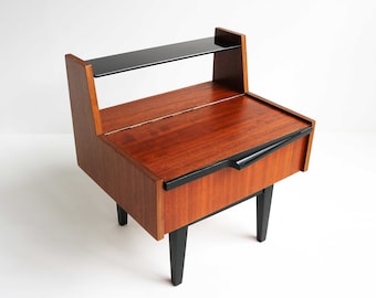 Midcentury Modern Teak Nightstand: Scandinavian Bedside Table, Black Legs