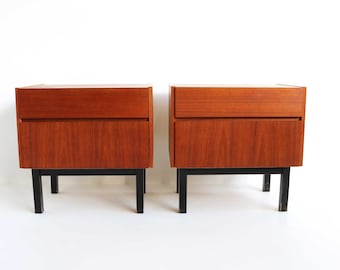 Sleek Vintage Pair Nightstands 1960s French Design Side Tables Couple Bedside Tables End Tables Mid-Century Cabinets Drawer Valve