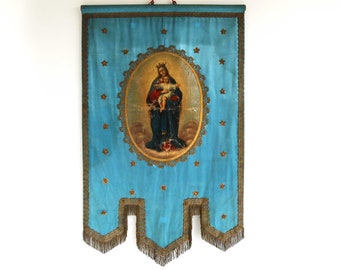 Antikes religiöses Banner: Mutter Maria und Jesuskind, viktorianischer Wandbehang aus Stoff