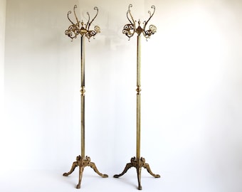 Pair / Couple Italian Ornate Brass Free Standing Coat Hat Racks  1960s Hollywood Regency Midcentury Coat Hat Rack Two Vintage Hall Stands